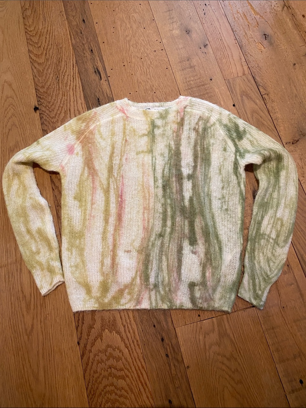 ZARA Alpaca Wool Blend Lightweight Sweater Abstract Tie-Dye Crewneck Green Small - Picture 2 of 9